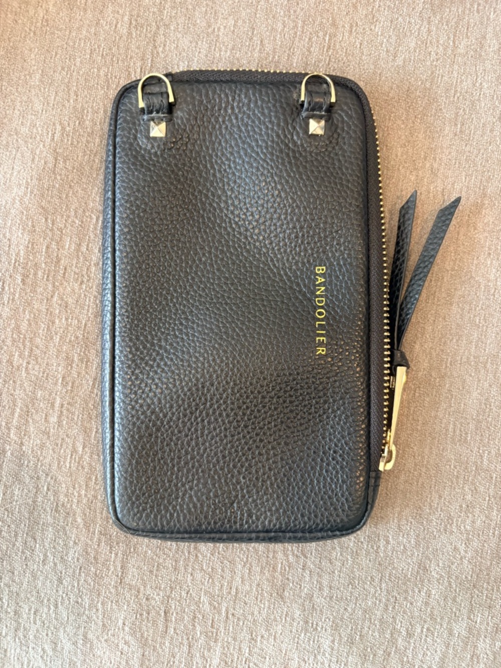 Bandolier Black Pebbled Leather Zip Phone Wallet with Gold Hardware